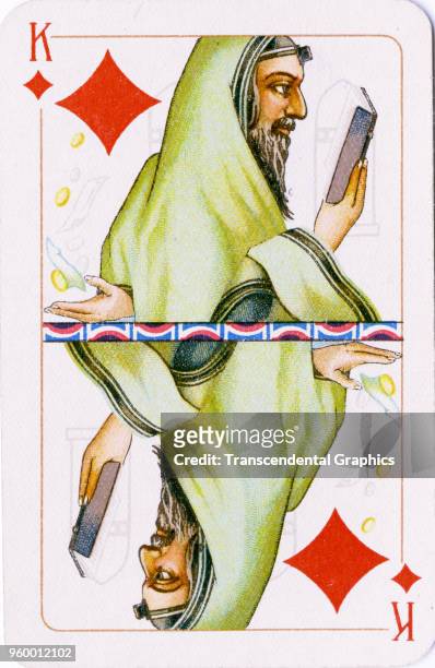 View of the King of Diamonds from a deck of playing cards, Russia, circa 1930. The card, published in Moscow, featured illustrations designed to show...