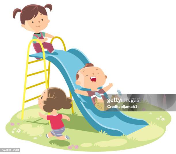 ilustrações de stock, clip art, desenhos animados e ícones de kids playing on slide - playground