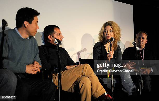 Dave Eun, Matt Jacobson, Ondi Timoner and Chris Gebhardt attend Spotlight On Social Media during the 2010 Sundance Film Festival at New Frontier on...