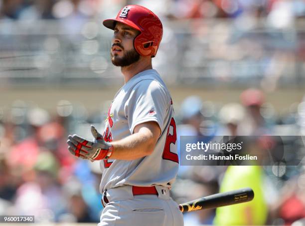 Paul DeJong of the St. Louis Cardinals reacts to striking out against the Minnesota Twins during the interleague game on May 16, 2018 at Target Field...