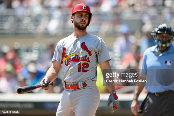 Paul DeJong of the St. Louis Cardinals reacts to striking out against the Minnesota Twins during the interleague game on May 16, 2018 at Target Field...