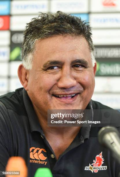 Sunwolves coach Jamie Joseph smiles at a press conference after the Super Rugby match between Sunwolves and Stormers at Mong Kok Stadium on May 19,...