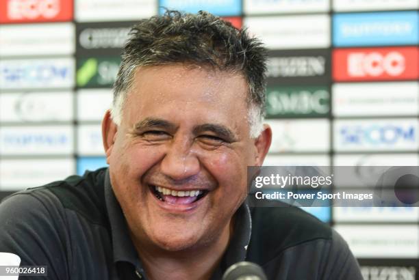 Sunwolves coach Jamie Joseph smiles at a press conference after the Super Rugby match between Sunwolves and Stormers at Mong Kok Stadium on May 19,...