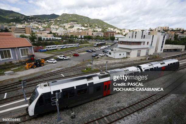 This picture taken on May 15, 2018 shows a train entering in the Bastia railway station on the French Mediterranean island of Corsica.