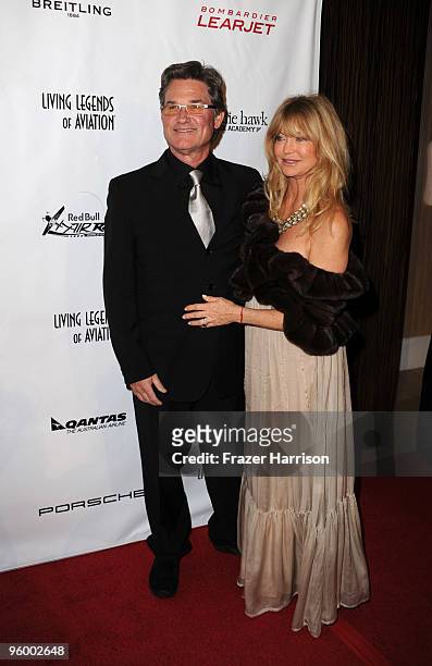Actors Kurt Russell and Goldie Hawn arrive at the 7th Annual "Living Legends Of Aviation" at The Beverly Hilton Hotel on January 22, 2010 in Beverly...