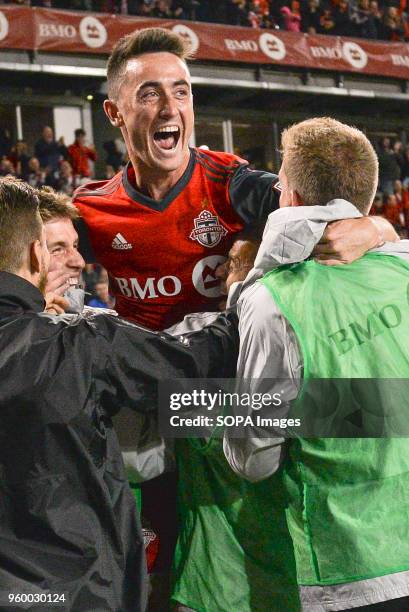 Jay Chapman seen cheering with his teammates during 2018 MLS Regular Season match between Toronto FC and Orlando City SC at BMO Field .