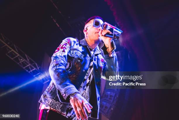 The Italian rapper Sfera Ebbasta, the "King of Trap" performing live on stage at the sold out Teatro della Concordia in Venaria, near Turin, for his...