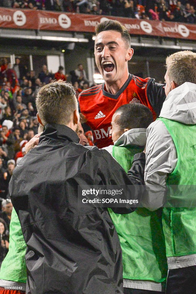 Jay Chapman seen cheering with his teammates during 2018 MLS...