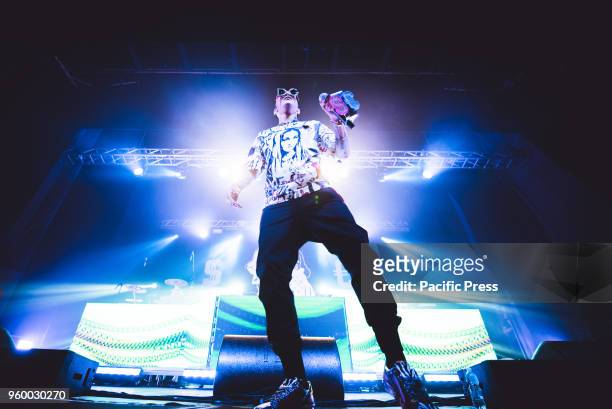 The Italian rapper Sfera Ebbasta, the "King of Trap" performing live on stage at the sold out Teatro della Concordia in Venaria, near Turin, for his...