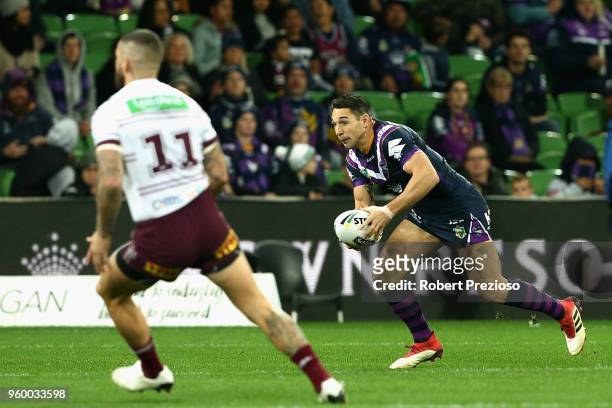 Billy Slater of the Melbourne Storm runs during the round 11 NRL match between the Melbourne Storm and the Manly Sea Eagles at AAMI Park on May 19,...
