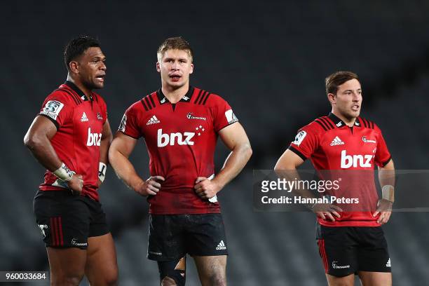 Seta Tamanivalu and Jack Goodhue of the Crusaders look on during the round 14 Super Rugby match between the Blues and the Crusaders at Eden Park on...