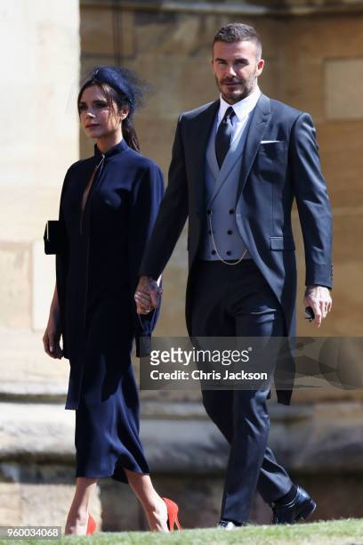 Victoria Beckham and David Beckham arrive at the wedding of Prince Harry to Ms Meghan Markle at St George's Chapel, Windsor Castle on May 19, 2018 in...