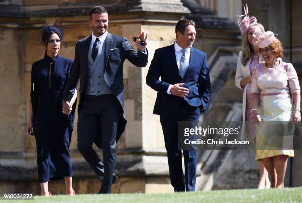 Victoria Beckham, David Beckham and Jonny Wilkinson arrive at the wedding of Prince Harry to Ms Meghan Markle at St George's Chapel, Windsor Castle...
