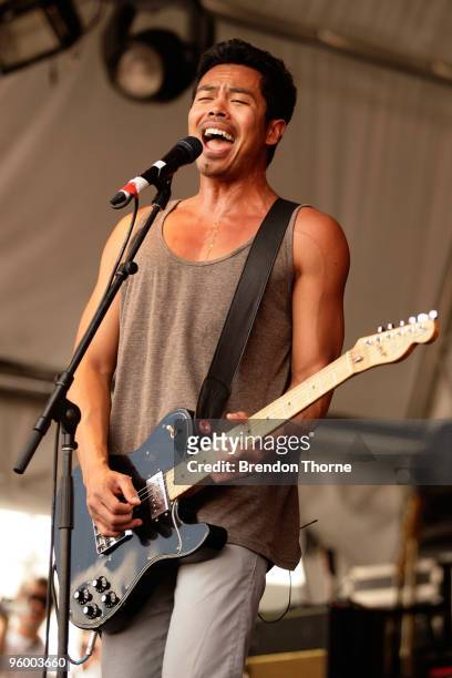 Dougy Mandagi of The Temper Trap performs on stage on the second day of the 2-day Sydney leg of the Big Day Out music festival at Sydney Showground...