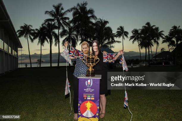 The Webb Ellis Cup is set up in celebration of the Royal Wedding as part of the Rugby World Cup 2019 Trophy Tour at the Holiday Inn Suva on May 18,...