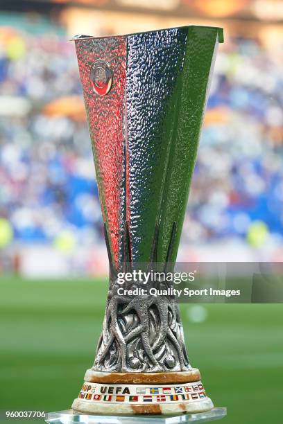 The Europa League trophy is seen after the UEFA Europa League Final between Olympique de Marseille and Club Atletico de Madrid at Stade de Lyon on...