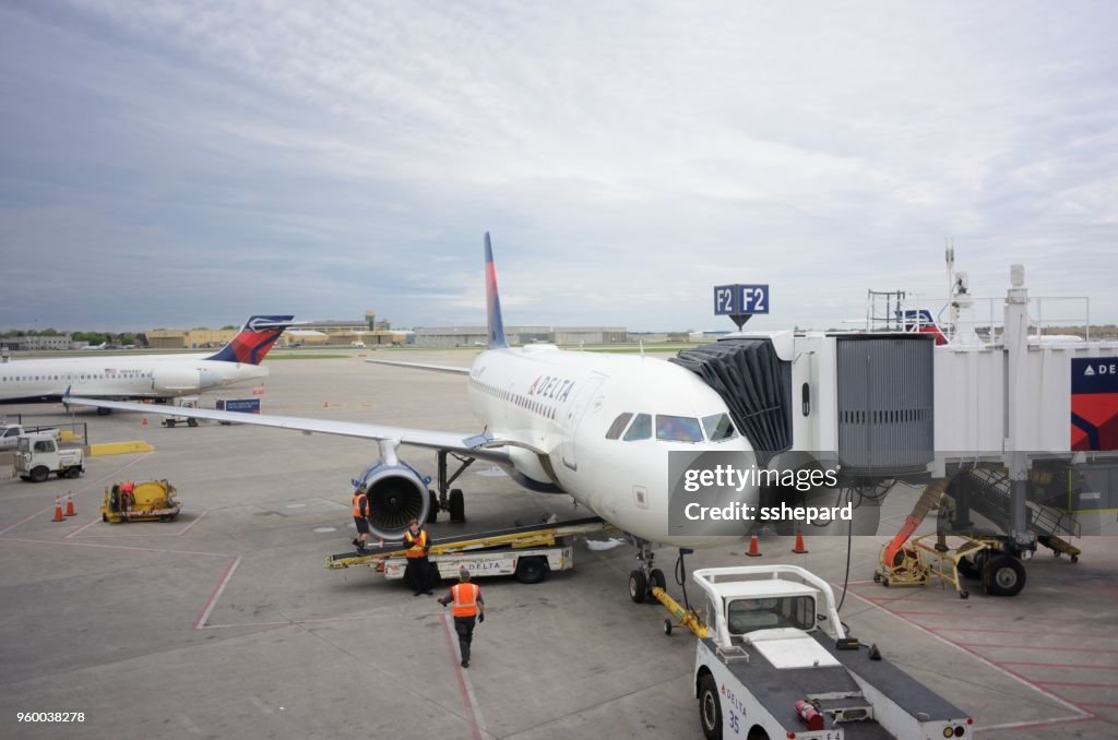 Delta airplane at Minneapolis-St. Paul International Airport gate