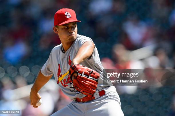 Jordan Hicks of the St. Louis Cardinals delivers a pitch against the Minnesota Twins during the game during the interleague game on May 16, 2018 at...