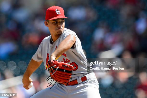 Jordan Hicks of the St. Louis Cardinals delivers a pitch against the Minnesota Twins during the game during the interleague game on May 16, 2018 at...