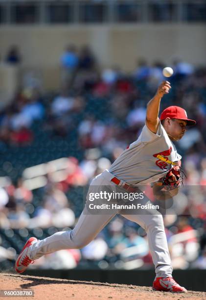 Jordan Hicks of the St. Louis Cardinals delivers a pitch against the Minnesota Twins during the game during the interleague game on May 16, 2018 at...