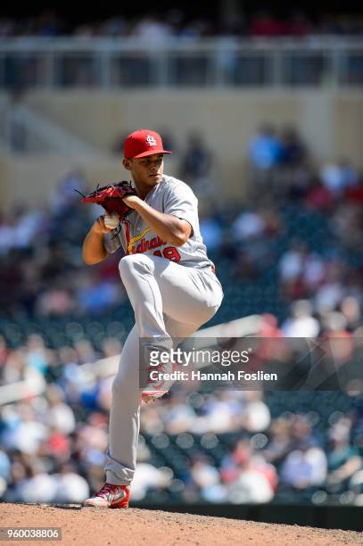 Jordan Hicks of the St. Louis Cardinals delivers a pitch against the Minnesota Twins during the game during the interleague game on May 16, 2018 at...