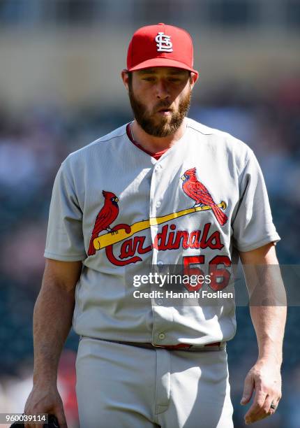 Greg Holland of the St. Louis Cardinals looks on during the interleague game against the Minnesota Twins on May 16, 2018 at Target Field in...