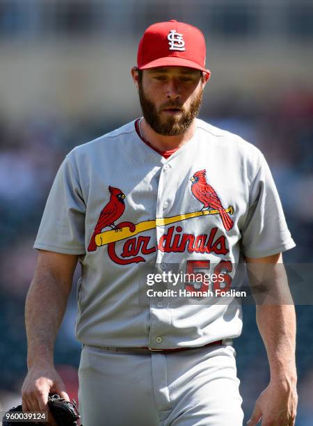 Greg Holland of the St. Louis Cardinals looks on during the interleague game against the Minnesota Twins on May 16, 2018 at Target Field in...