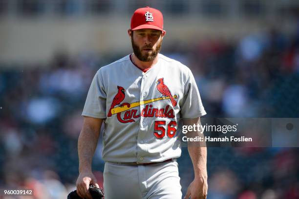 Greg Holland of the St. Louis Cardinals looks on during the interleague game against the Minnesota Twins on May 16, 2018 at Target Field in...