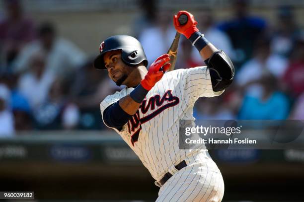 Gregorio Petit of the Minnesota Twins takes an at bat against the St. Louis Cardinals during the interleague game on May 16, 2018 at Target Field in...