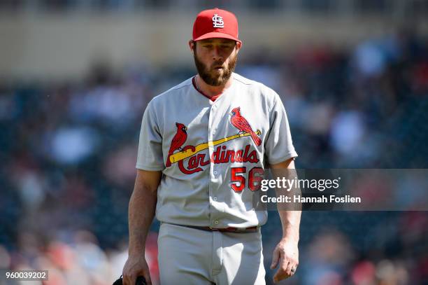 Greg Holland of the St. Louis Cardinals looks on during the interleague game against the Minnesota Twins on May 16, 2018 at Target Field in...