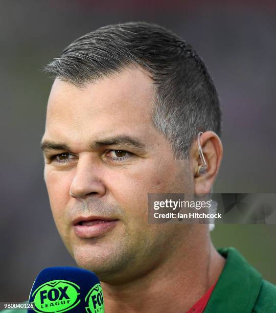 Rabbitohs coach Anthony Seibold looks on during a press interview before the round 11 NRL match between the North Queensland Cowboys and the South...