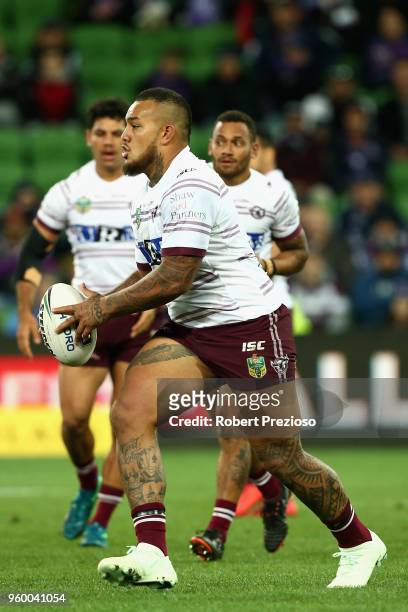 Addin Fonua-Blake of the Manly Sea Eagles runs during the round 11 NRL match between the Melbourne Storm and the Manly Sea Eagles at AAMI Park on May...