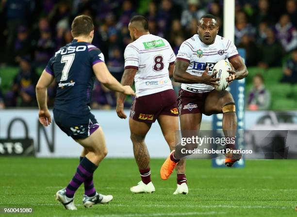 Akuila Uate of the Manly Sea Eagles runs during the round 11 NRL match between the Melbourne Storm and the Manly Sea Eagles at AAMI Park on May 19,...