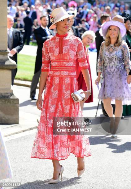 Actress Gina Torres arrives for the wedding ceremony of Britain's Prince Harry, Duke of Sussex and US actress Meghan Markle at St George's Chapel,...