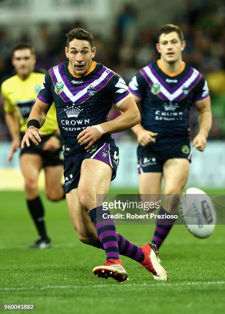 Billy Slater of the Melbourne Storm kicks during the round 11 NRL match between the Melbourne Storm and the Manly Sea Eagles at AAMI Park on May 19,...