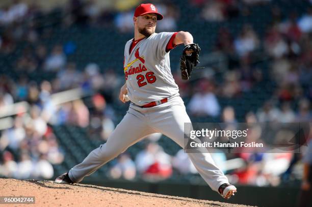 Bud Norris of the St. Louis Cardinals delivers a pitch against the Minnesota Twins during the interleague game on May 16, 2018 at Target Field in...