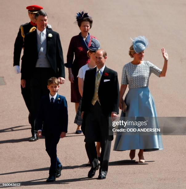 Britain's Prince Edward, Earl of Wessex, arrives with Britain's Sophie, Countess of Wessex, and James, Viscount Severn followed by Britain's Princess...