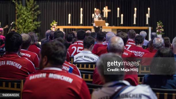 Fans of Bayern Muenchen attend Ecumencial Church Service prior DFB Cup Final 2018 on May 19, 2018 in the Kaiser Wilhelm Memorial Church in Berlin,...
