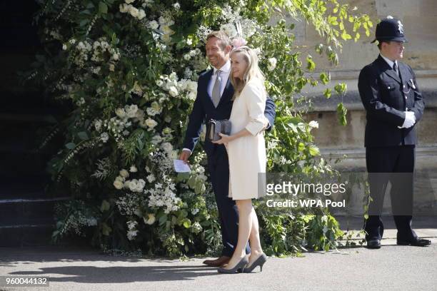 Former England rugby player Jonny Wilkinson and his wife Shelley Jenkins arrive for the wedding ceremony of Britain's Prince Harry and US actress...