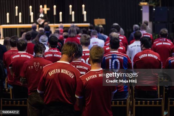 Fans of Bayern Muenchen attend Ecumencial Church Service prior DFB Cup Final 2018 on May 19, 2018 in the Kaiser Wilhelm Memorial Church in Berlin,...