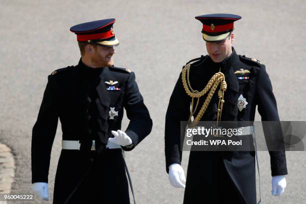 Prince Harry, arrives with his best man Prince William, Duke of Cambridge for the wedding ceremony of Prince Harry and US actress Meghan Markle at St...