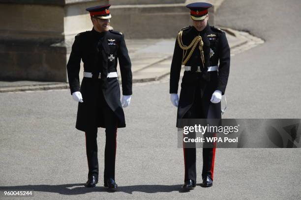 Prince Harry, arrives with his best man Prince William, Duke of Cambridge for the wedding ceremony of Prince Harry and US actress Meghan Markle at St...