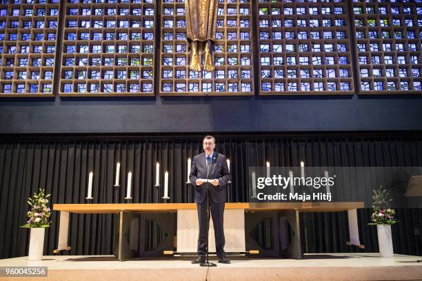 President of the German Football Association Reinhard Grindel speaks during Ecumencial Church Service prior DFB Cup Final 2018 on May 19, 2018 in the...