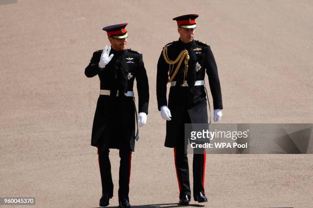 Prince Harry, arrives with his best man Prince William, Duke of Cambridge for the wedding ceremony of Prince Harry and US actress Meghan Markle at St...