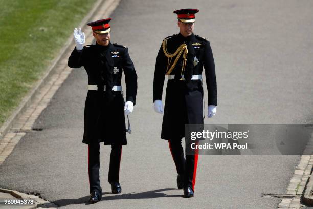 Prince Harry, arrives with his best man Prince William, Duke of Cambridge for the wedding ceremony of Prince Harry and US actress Meghan Markle at St...