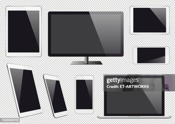 ilustraciones, imágenes clip art, dibujos animados e iconos de stock de dispositivos digitales vectoriales modernos con pantallas en blanco - laptop netbook