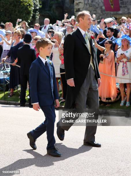 Britain's Prince Edward, Earl of Wessex, and James, Viscount Severn arrive for the wedding ceremony of Britain's Prince Harry, Duke of Sussex and US...