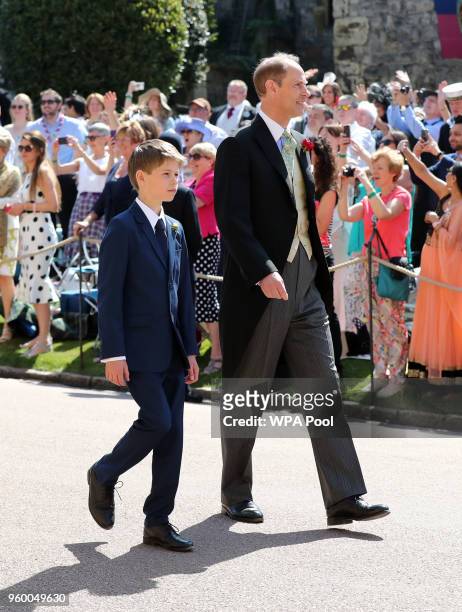 Prince Edward, Earl of Wessex and his son James, Viscount Severn arrive at St George's Chapel at Windsor Castle before the wedding of Prince Harry to...