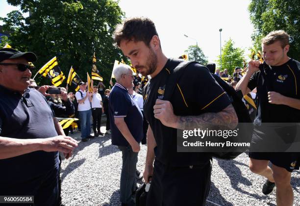 Danny Cipriaini of Wasps arrives ahead of the Aviva Premiership Semi-Final match between Saracens and Wasps at Allianz Park on May 19, 2018 in...