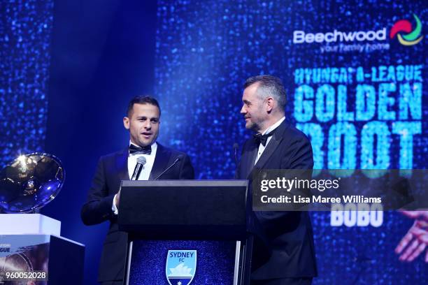 Bobo receives the Golden Boot award during the Sydney FC Sky Ball at The Star on May 19, 2018 in Sydney, Australia.